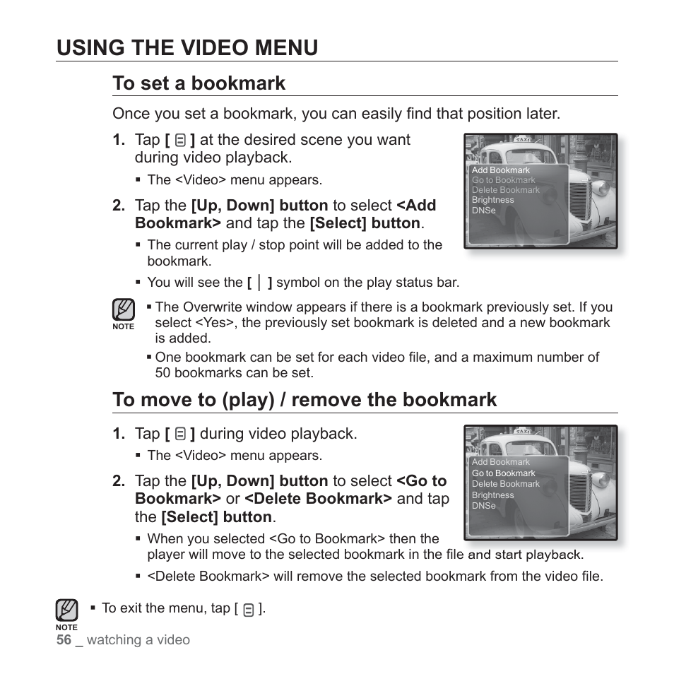 Using the video menu | Samsung YP-Q1JEB-XAA User Manual | Page 56 / 94