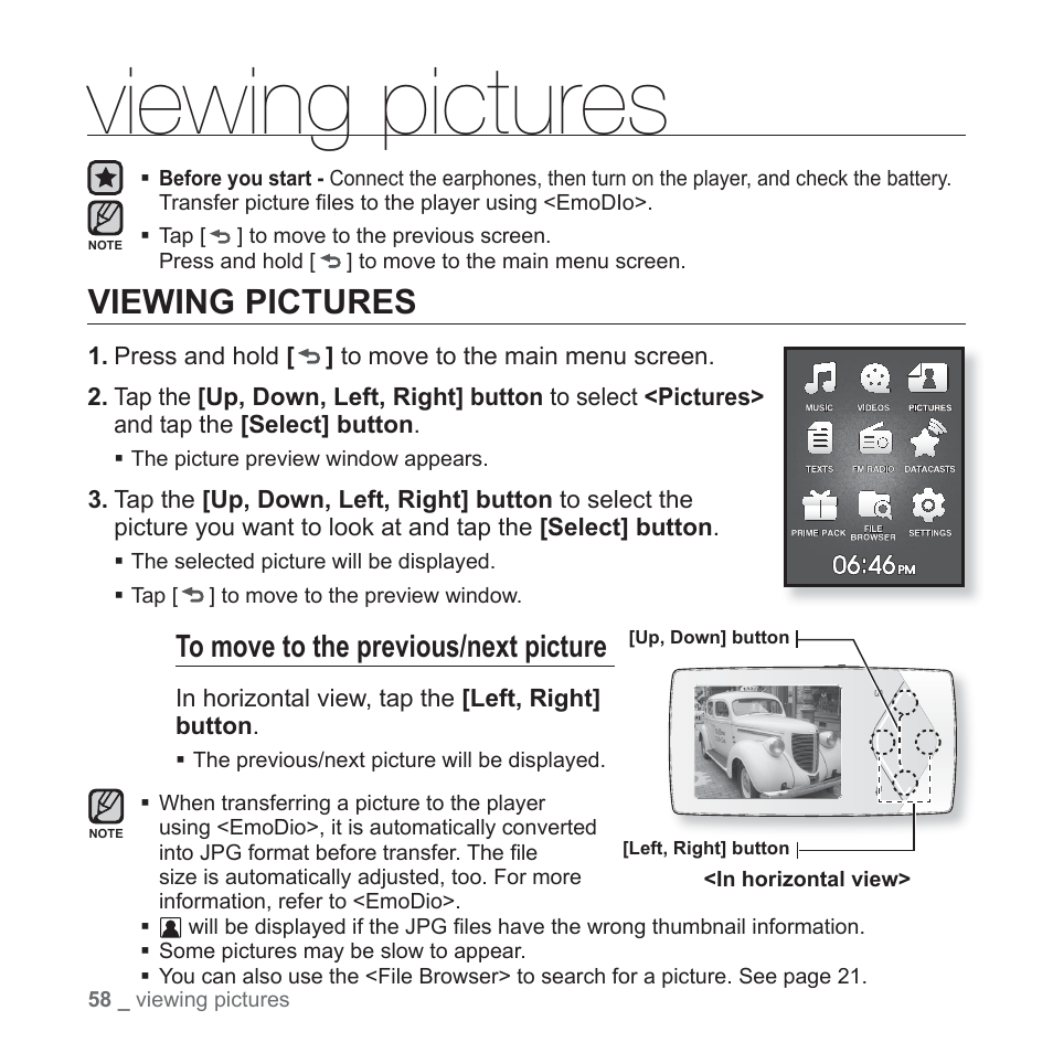 Viewing pictures | Samsung YP-Q1JEB-XAA User Manual | Page 58 / 94