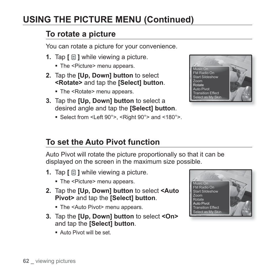 Using the picture menu (continued) | Samsung YP-Q1JEB-XAA User Manual | Page 62 / 94