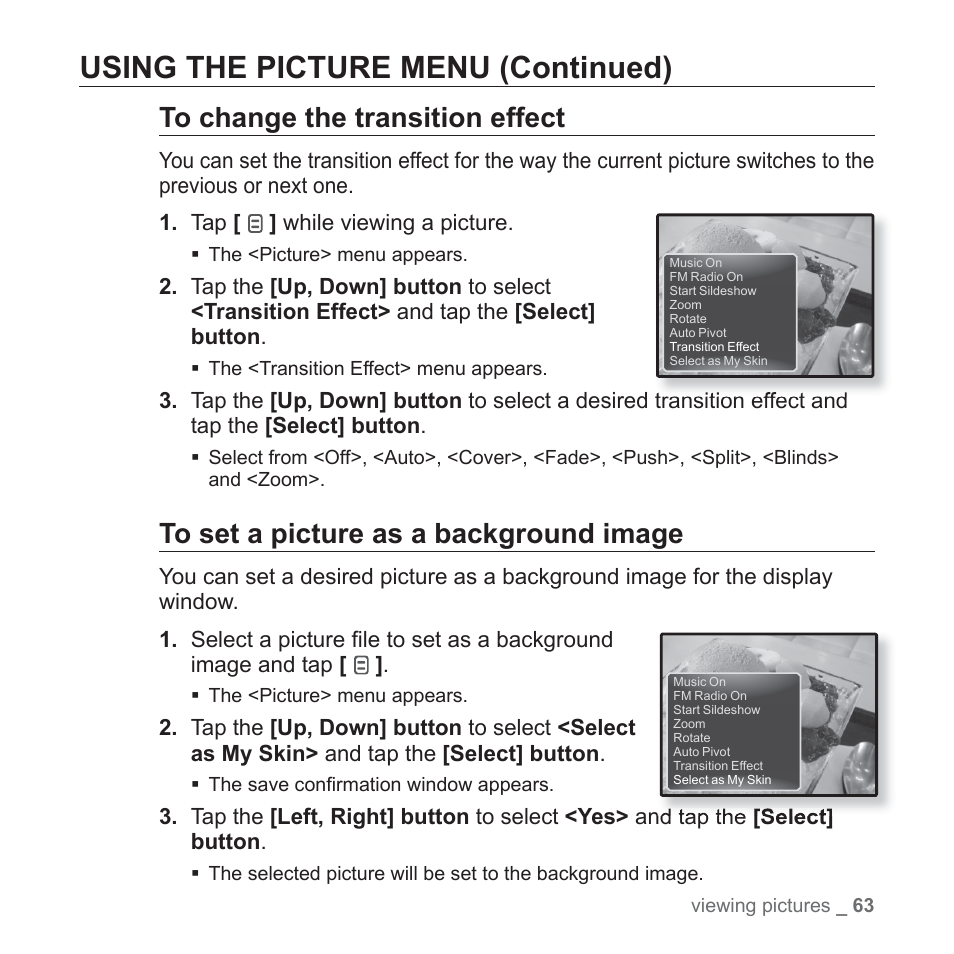Using the picture menu (continued) | Samsung YP-Q1JEB-XAA User Manual | Page 63 / 94