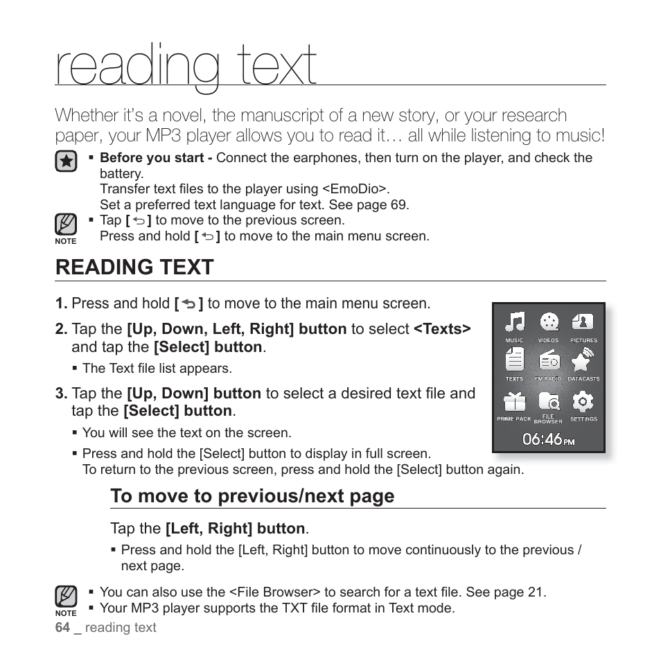 Reading text | Samsung YP-Q1JEB-XAA User Manual | Page 64 / 94