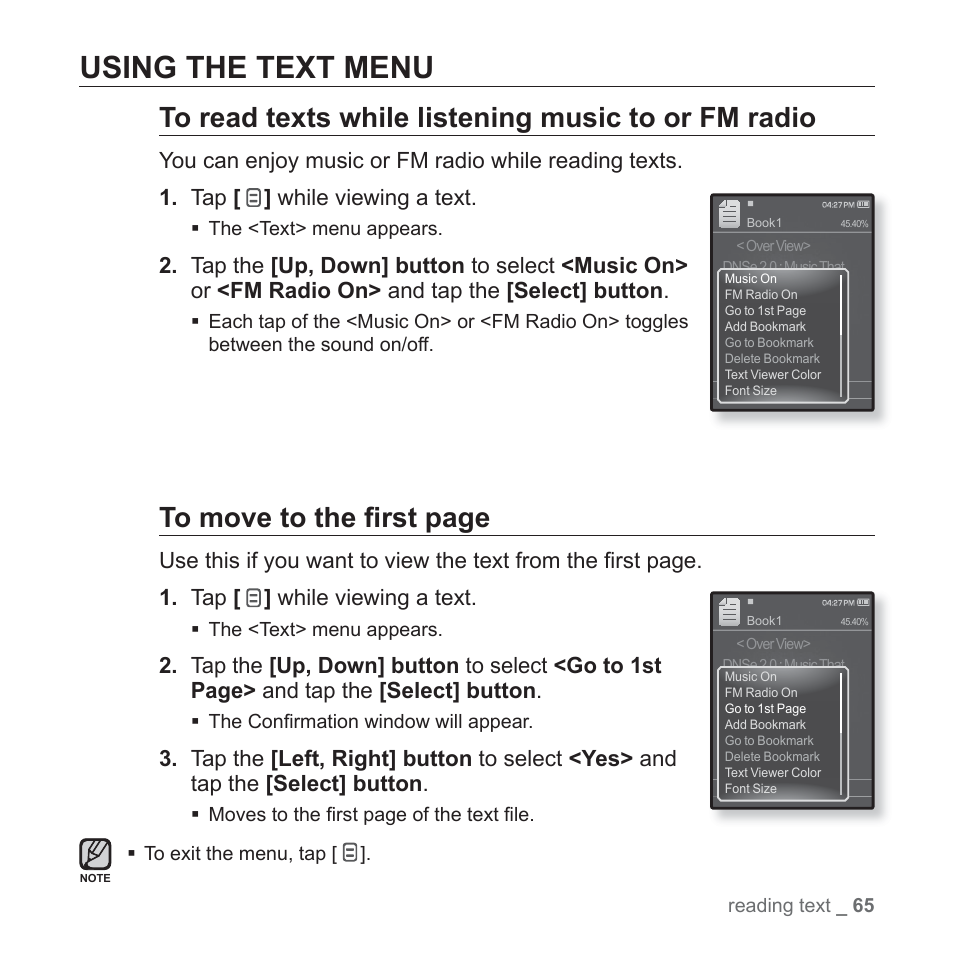 Using the text menu | Samsung YP-Q1JEB-XAA User Manual | Page 65 / 94