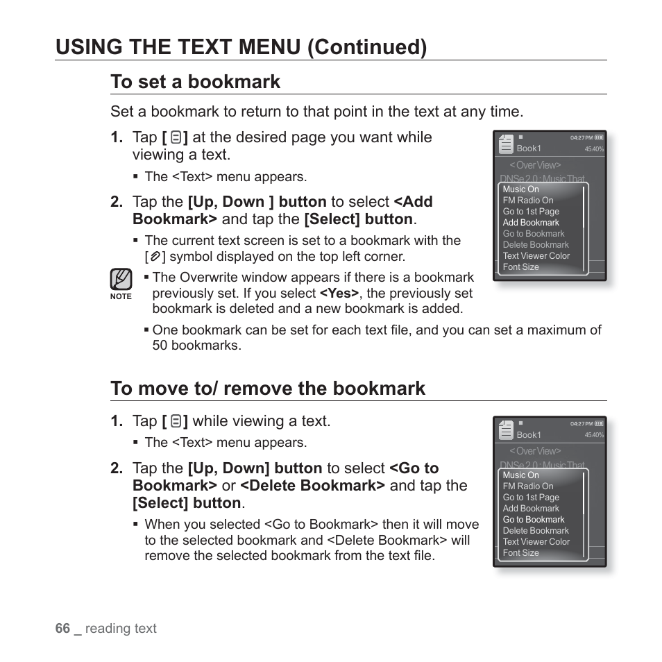 Using the text menu (continued), Tap [ ] while viewing a text | Samsung YP-Q1JEB-XAA User Manual | Page 66 / 94