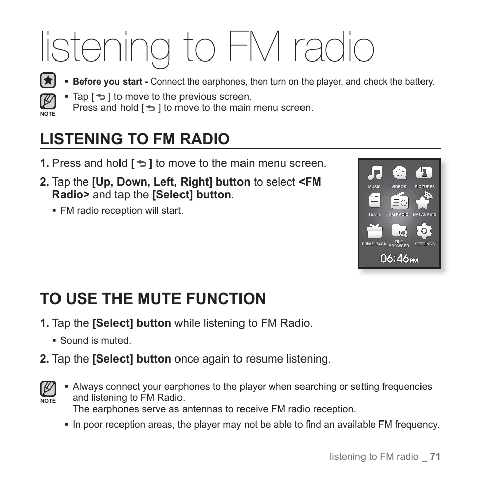 Listening to fm radio, To use the mute function | Samsung YP-Q1JEB-XAA User Manual | Page 71 / 94