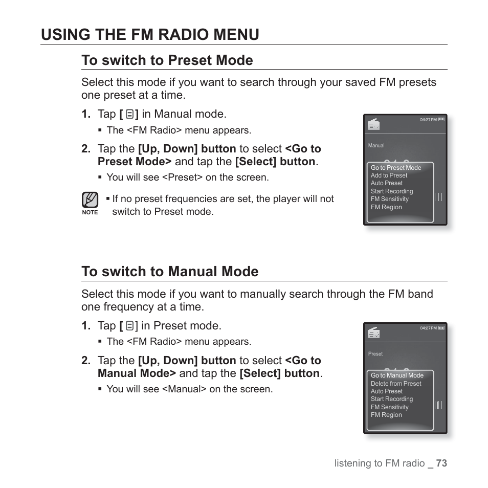 Using the fm radio menu | Samsung YP-Q1JEB-XAA User Manual | Page 73 / 94