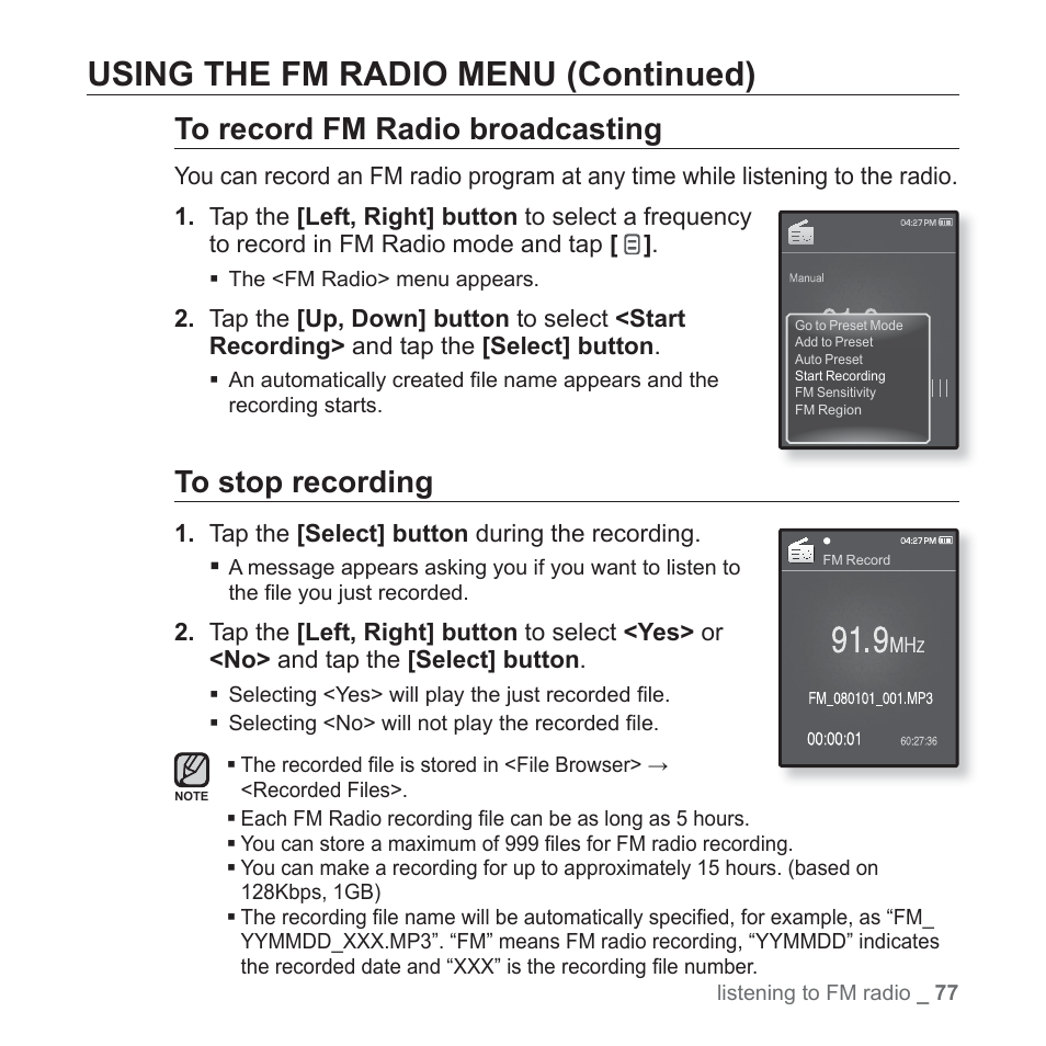 Using the fm radio menu (continued) | Samsung YP-Q1JEB-XAA User Manual | Page 77 / 94