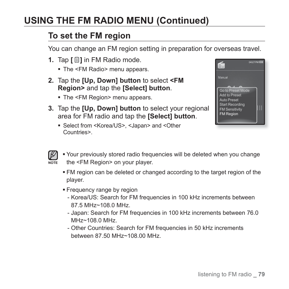 Using the fm radio menu (continued) | Samsung YP-Q1JEB-XAA User Manual | Page 79 / 94