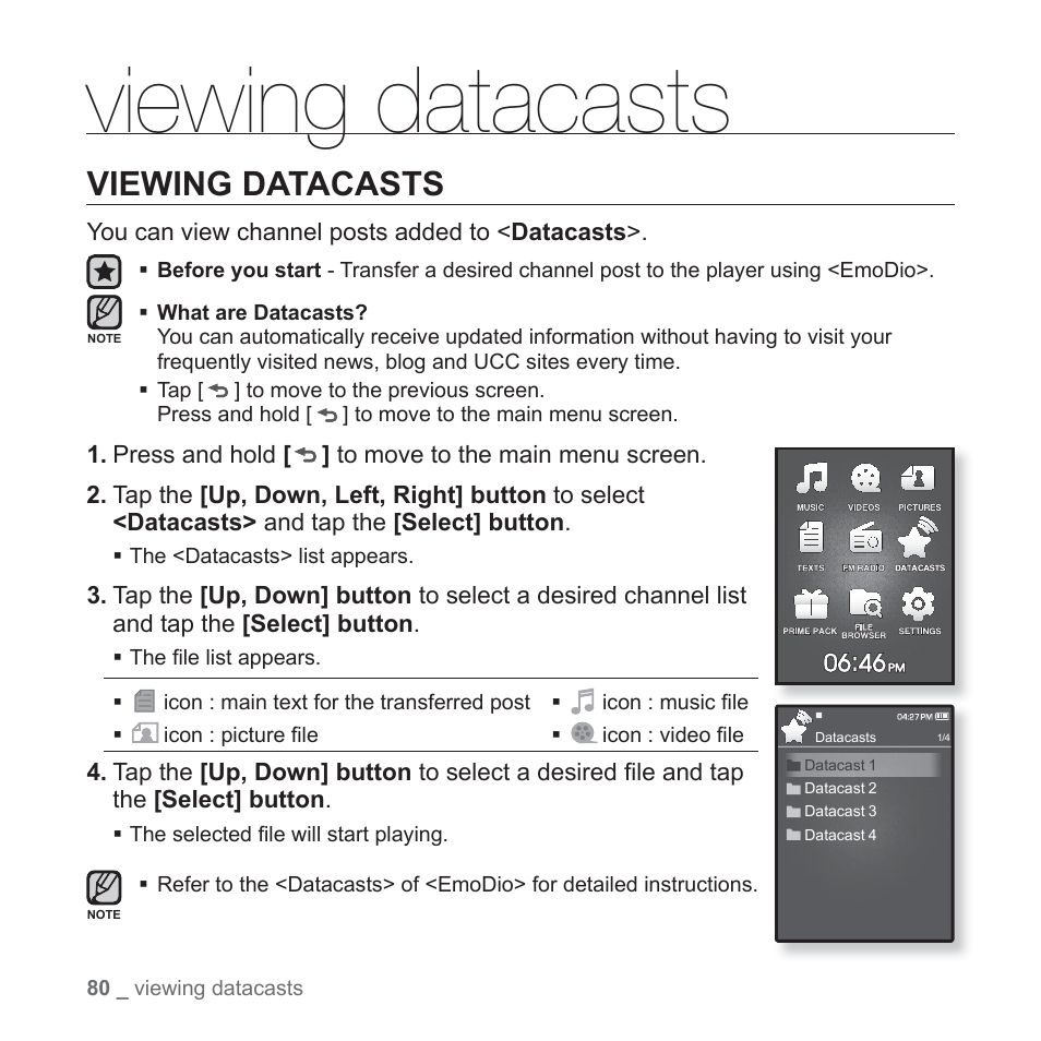 Viewing datacasts | Samsung YP-Q1JEB-XAA User Manual | Page 80 / 94