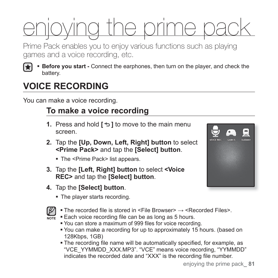 Enjoying the prime pack, Voice recording | Samsung YP-Q1JEB-XAA User Manual | Page 81 / 94