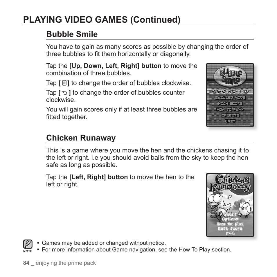 Playing video games (continued), Bubble smile, Chicken runaway | Samsung YP-Q1JEB-XAA User Manual | Page 84 / 94