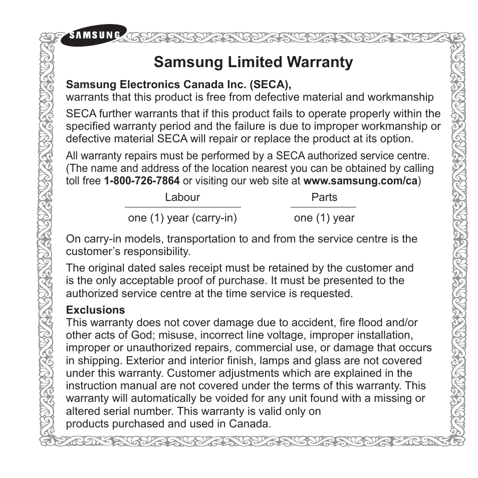 Samsung limited warranty | Samsung YP-Q1JEB-XAA User Manual | Page 93 / 94