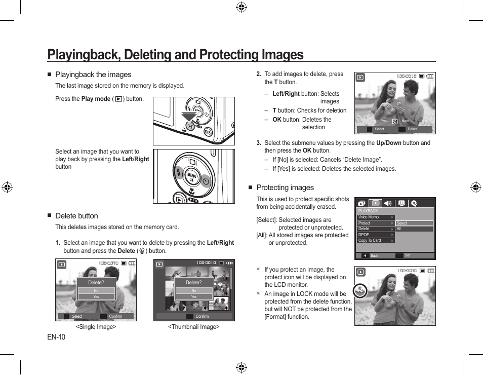 Playingback, deleting and protecting images, Protecting images, Playingback the images | Delete button, En-10 | Samsung EC-SL310SBA-US User Manual | Page 11 / 30