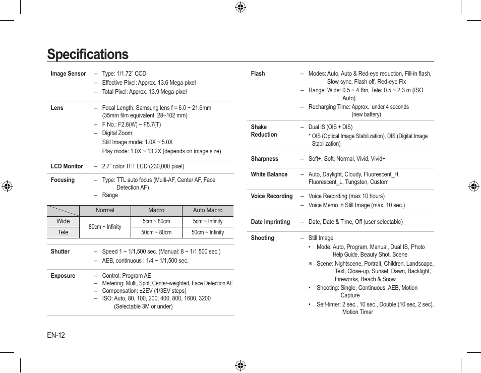 Speciﬁcations | Samsung EC-SL310SBA-US User Manual | Page 13 / 30