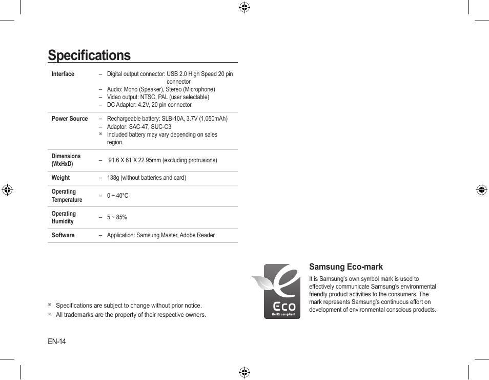 Speciﬁcations, Samsung eco-mark | Samsung EC-SL310SBA-US User Manual | Page 15 / 30