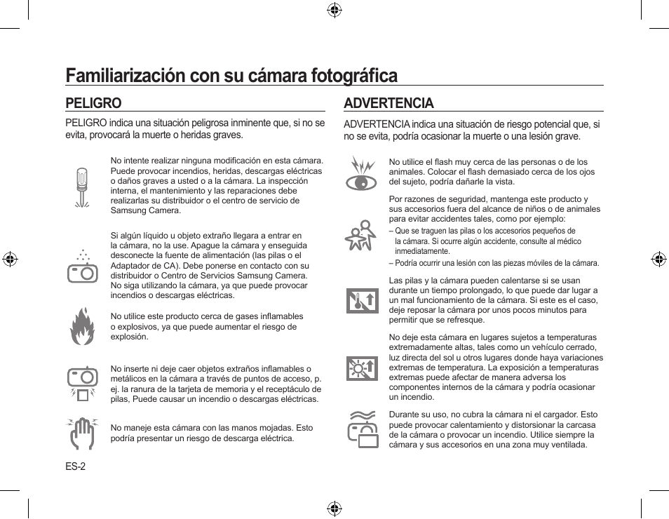 Familiarización con su cámara fotográﬁca, Peligro, Advertencia | Samsung EC-SL310SBA-US User Manual | Page 17 / 30