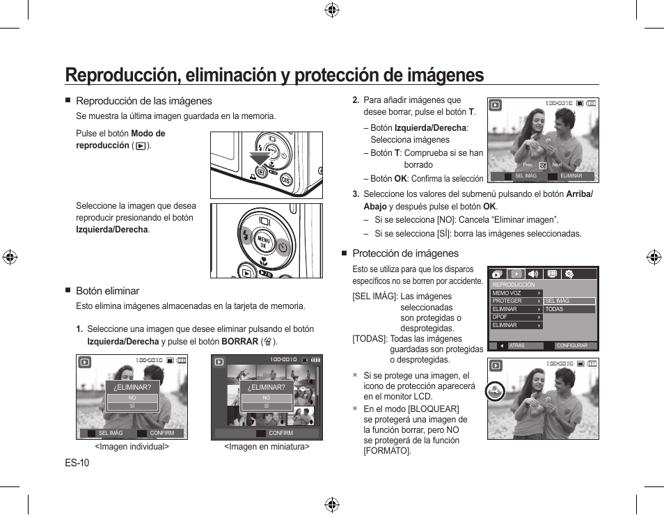 Reproducción, eliminación y protección de imágenes, Es-10, Protección de imágenes | Reproducción de las imágenes, Botón eliminar | Samsung EC-SL310SBA-US User Manual | Page 25 / 30