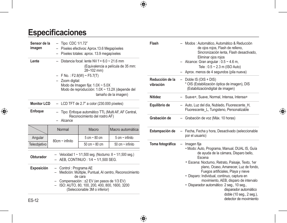 Especiﬁcaciones | Samsung EC-SL310SBA-US User Manual | Page 27 / 30