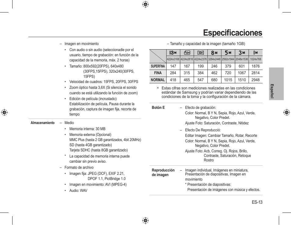 Especiﬁcaciones | Samsung EC-SL310SBA-US User Manual | Page 28 / 30