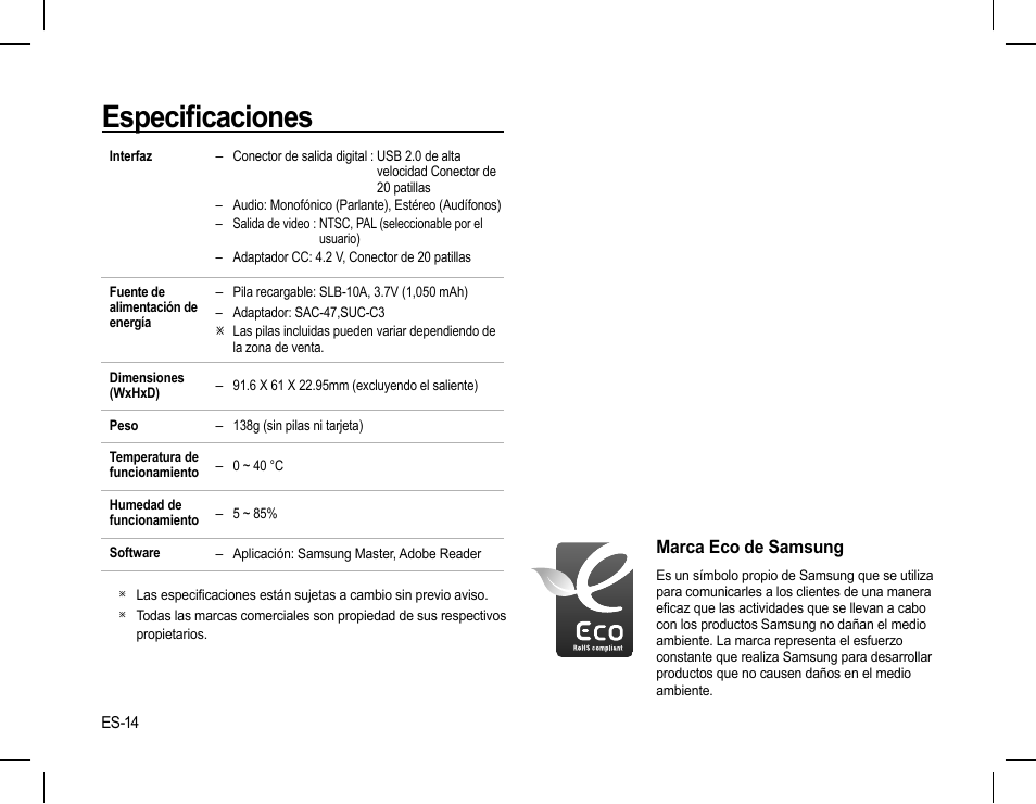 Especifi caciones, Marca eco de samsung | Samsung EC-SL310SBA-US User Manual | Page 29 / 30