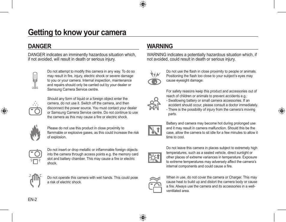 Getting to know your camera, Danger, Warning | Samsung EC-SL310SBA-US User Manual | Page 3 / 30