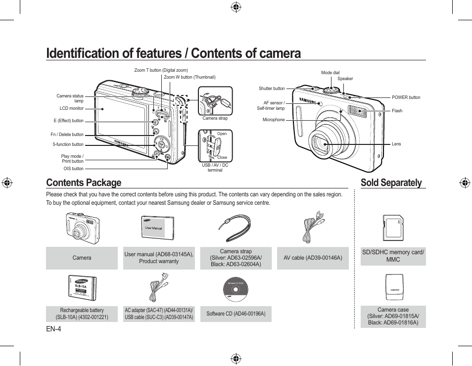 Identiﬁcation of features / contents of camera, Contents package, Sold separately | En-4 | Samsung EC-SL310SBA-US User Manual | Page 5 / 30