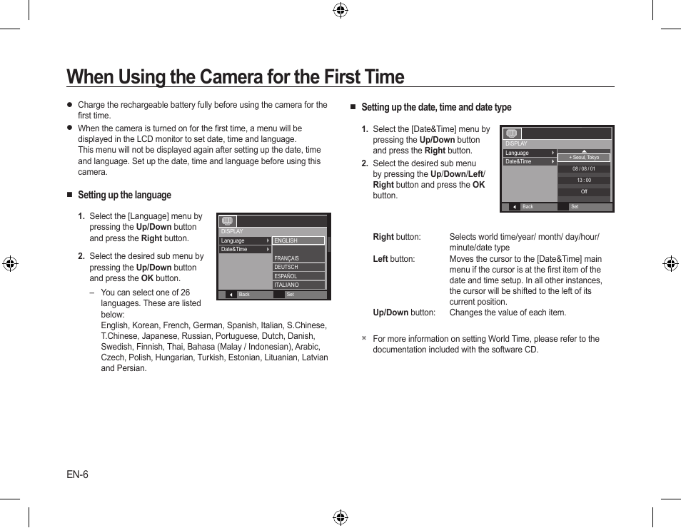 When using the camera for the first time, Setting up the language, Setting up the date, time and date type | En-6 | Samsung EC-SL310SBA-US User Manual | Page 7 / 30