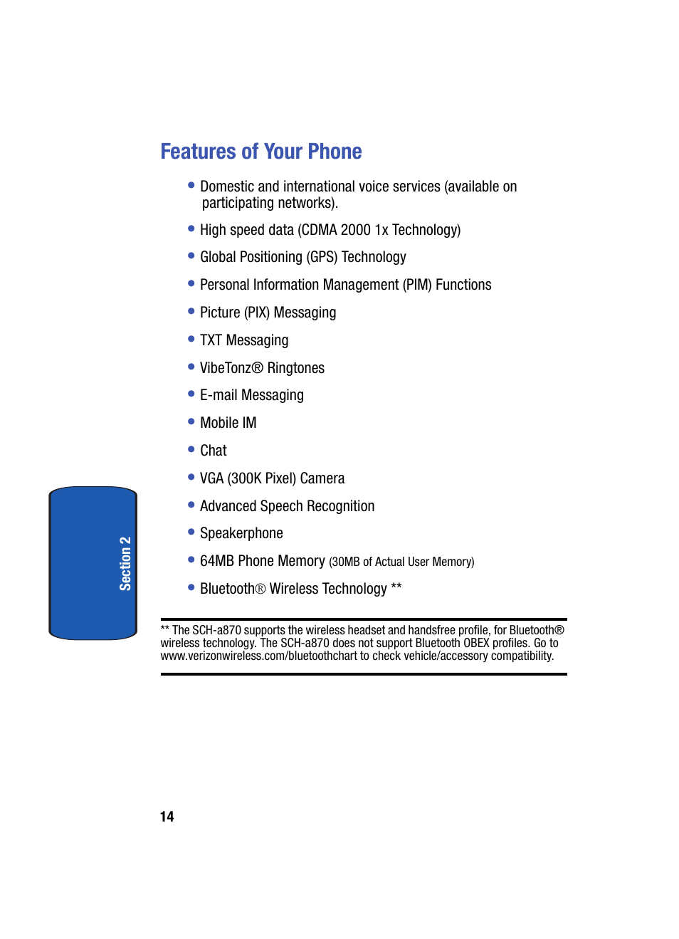 Features of your phone | Samsung SCH-A870MBAVZW User Manual | Page 14 / 196