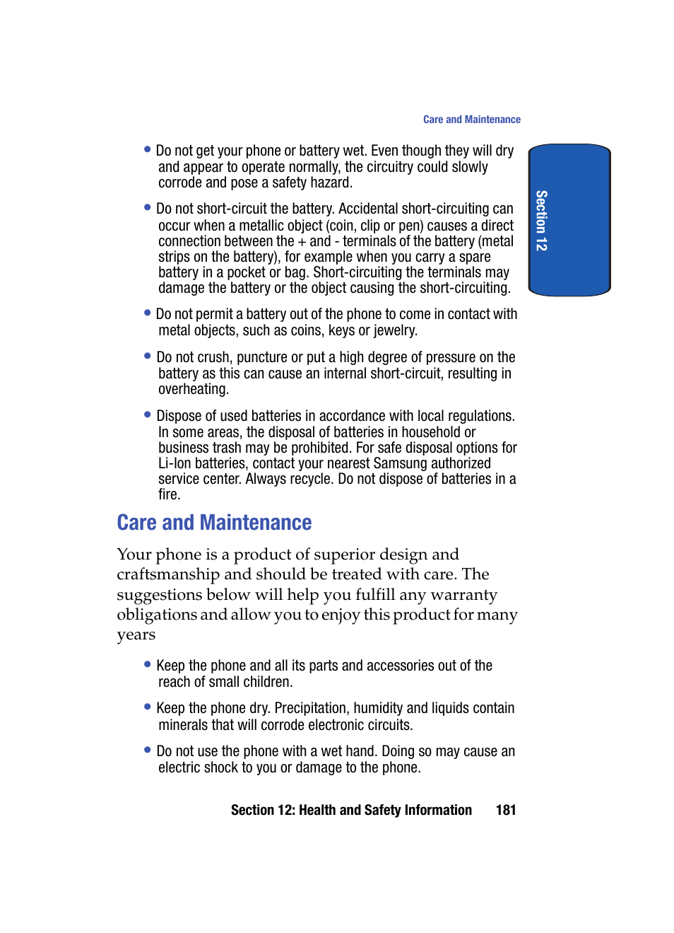 Care and maintenance | Samsung SCH-A870MBAVZW User Manual | Page 181 / 196