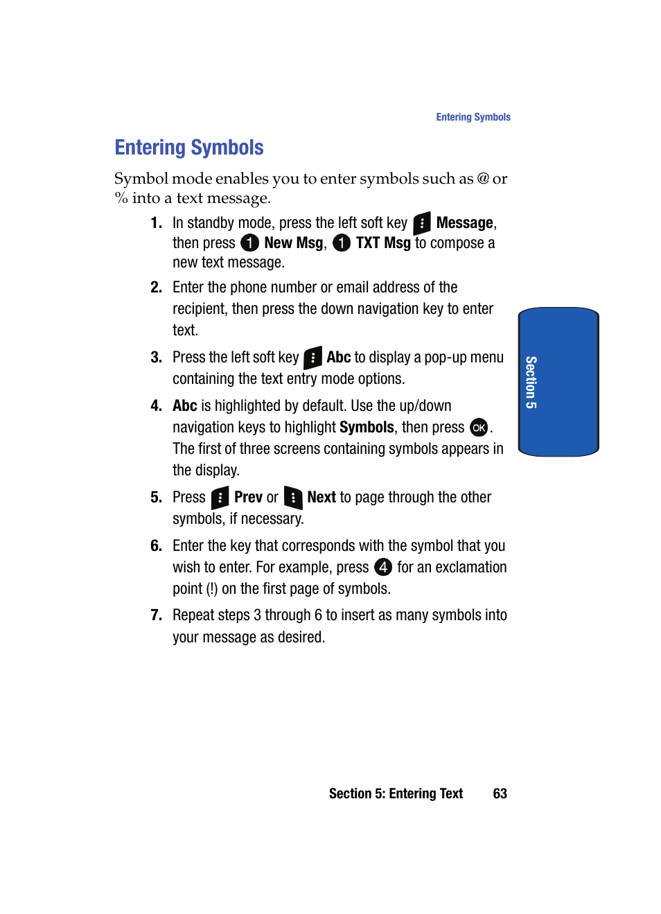 Entering symbols | Samsung SCH-A870MBAVZW User Manual | Page 63 / 196