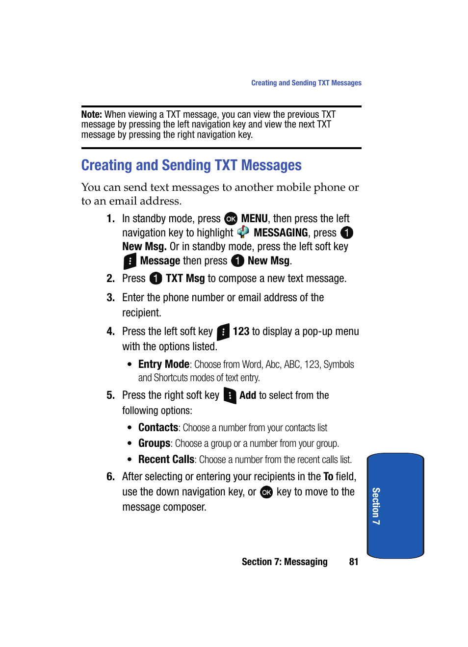 Creating and sending txt messages | Samsung SCH-A870MBAVZW User Manual | Page 81 / 196