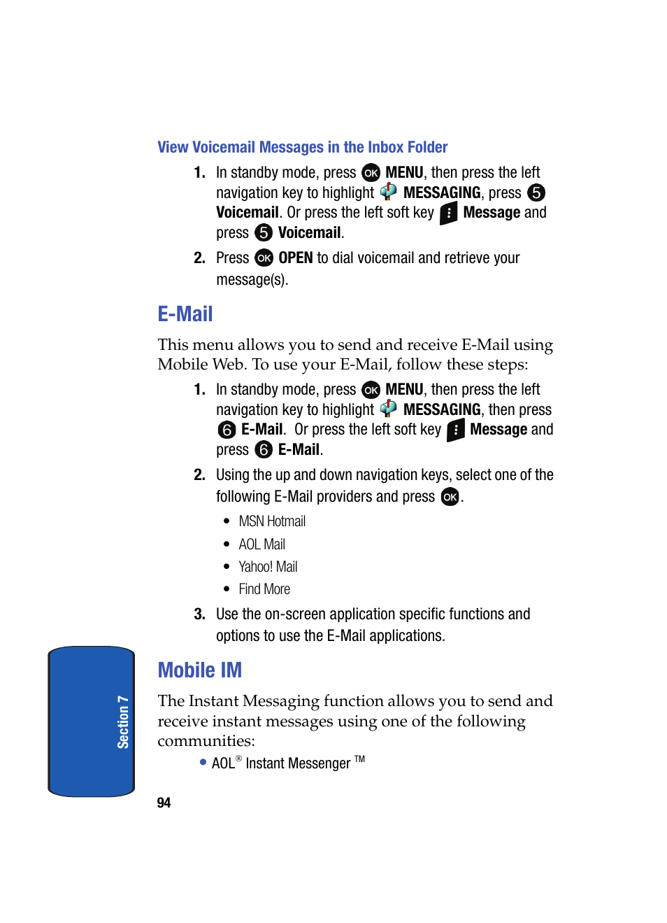 E-mail, Mobile im, E-mail mobile im | Samsung SCH-A870MBAVZW User Manual | Page 94 / 196