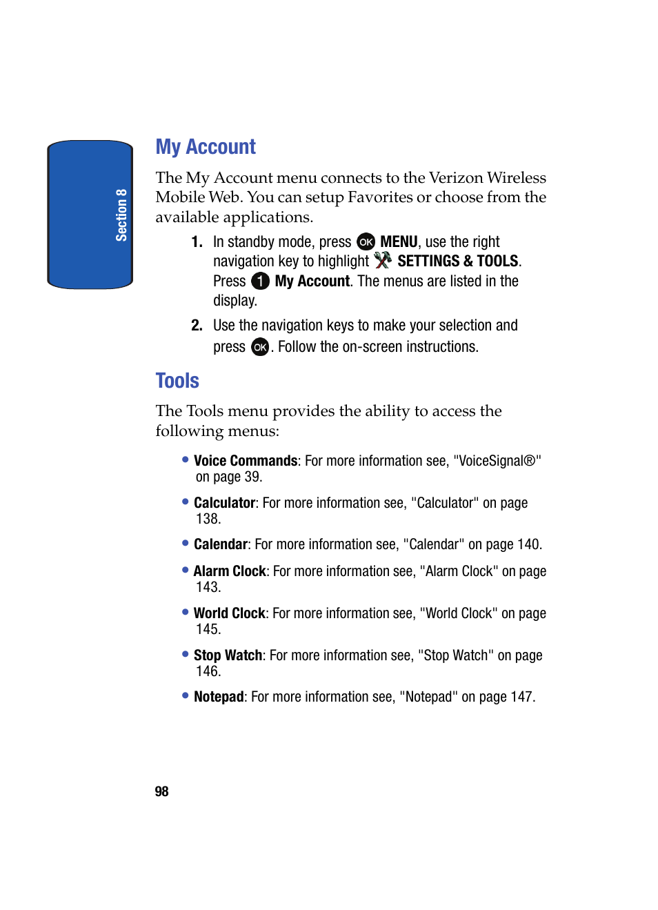 My account, Tools, My account tools | Samsung SCH-A870MBAVZW User Manual | Page 98 / 196