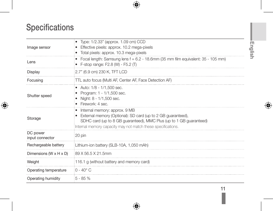 Specifications | Samsung EC-SL202ABP-US User Manual | Page 11 / 22