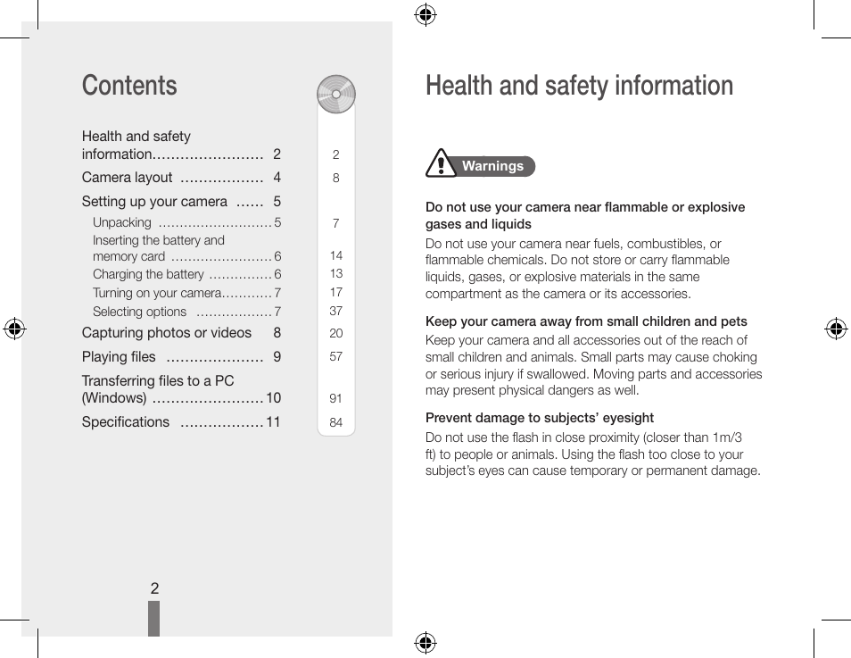 Health and safety information contents | Samsung EC-SL202ABP-US User Manual | Page 2 / 22