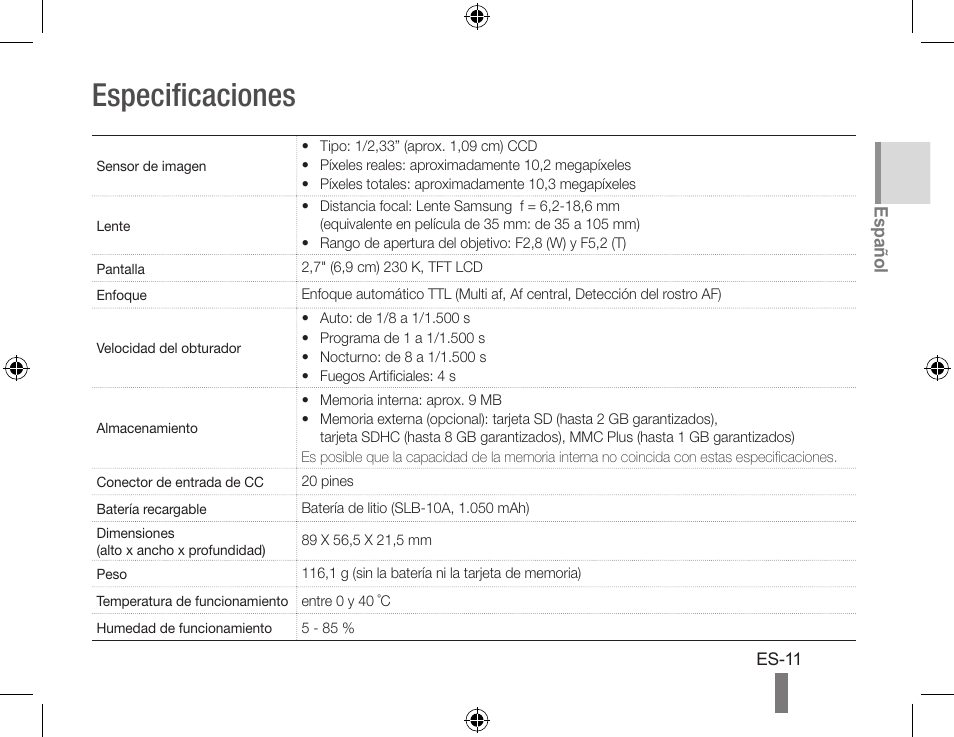 Especificaciones | Samsung EC-SL202ABP-US User Manual | Page 21 / 22