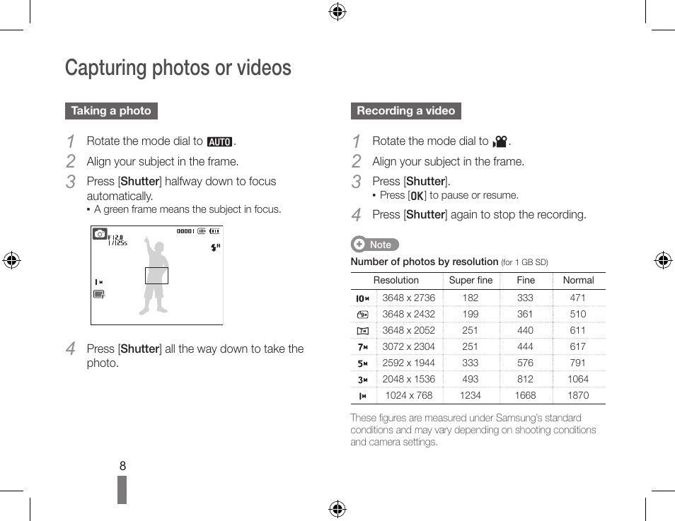 Capturing photos or videos | Samsung EC-SL202ABP-US User Manual | Page 8 / 22