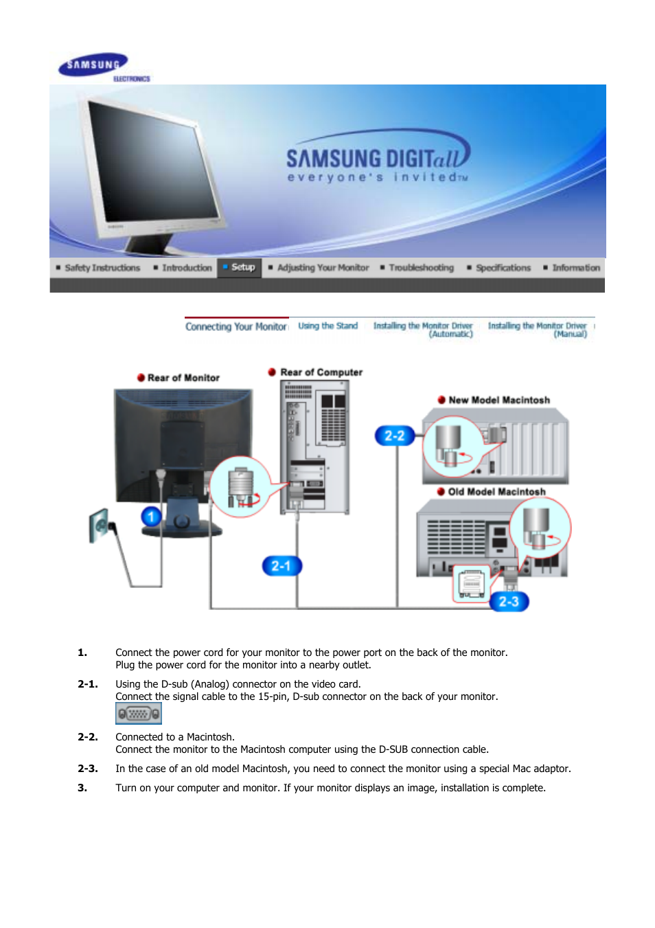 Connectiong your monitor, Setup | Samsung GS19VSSB User Manual | Page 15 / 64