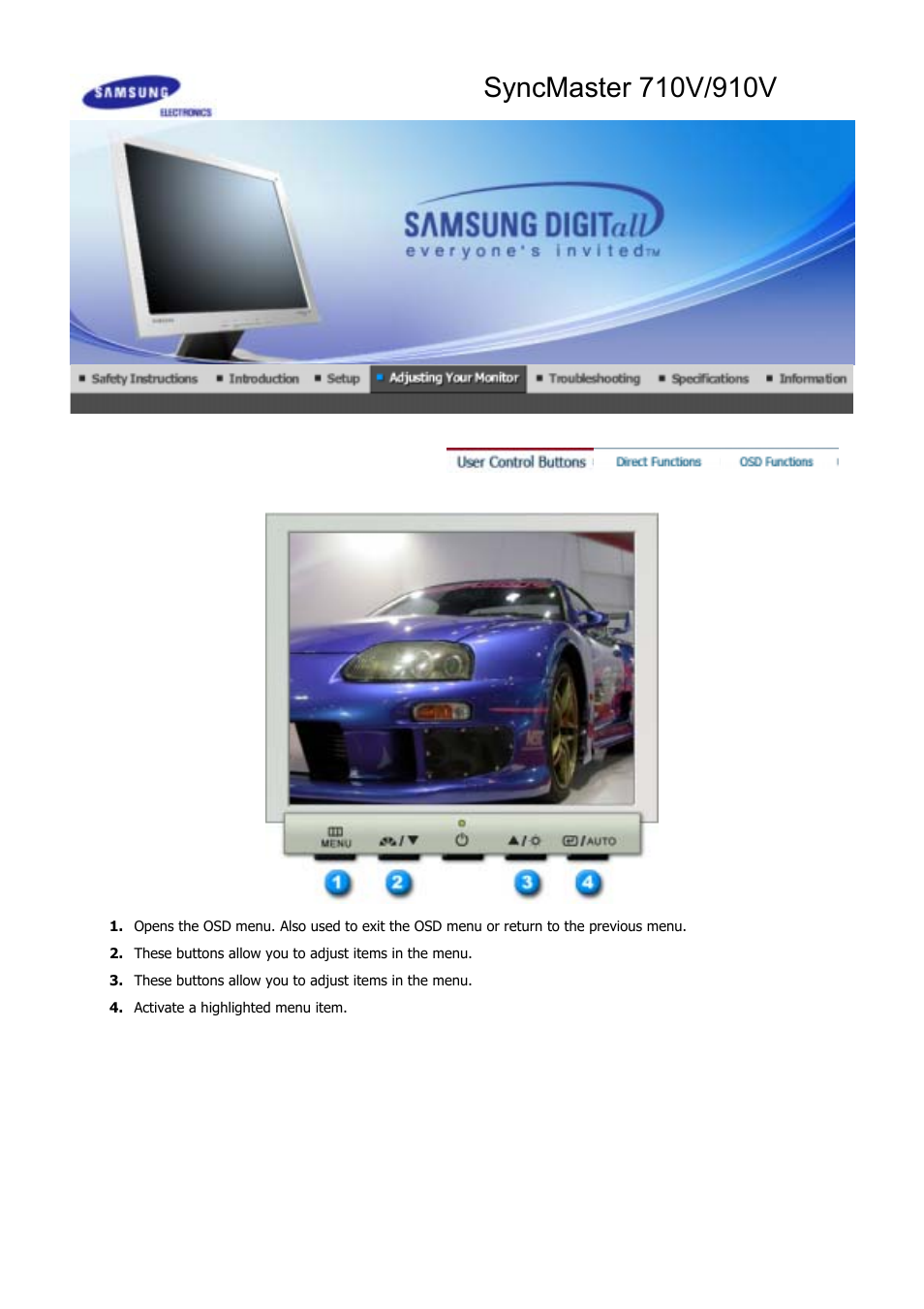 Adjusting your monitor, User control buttons | Samsung GS19VSSB User Manual | Page 23 / 64