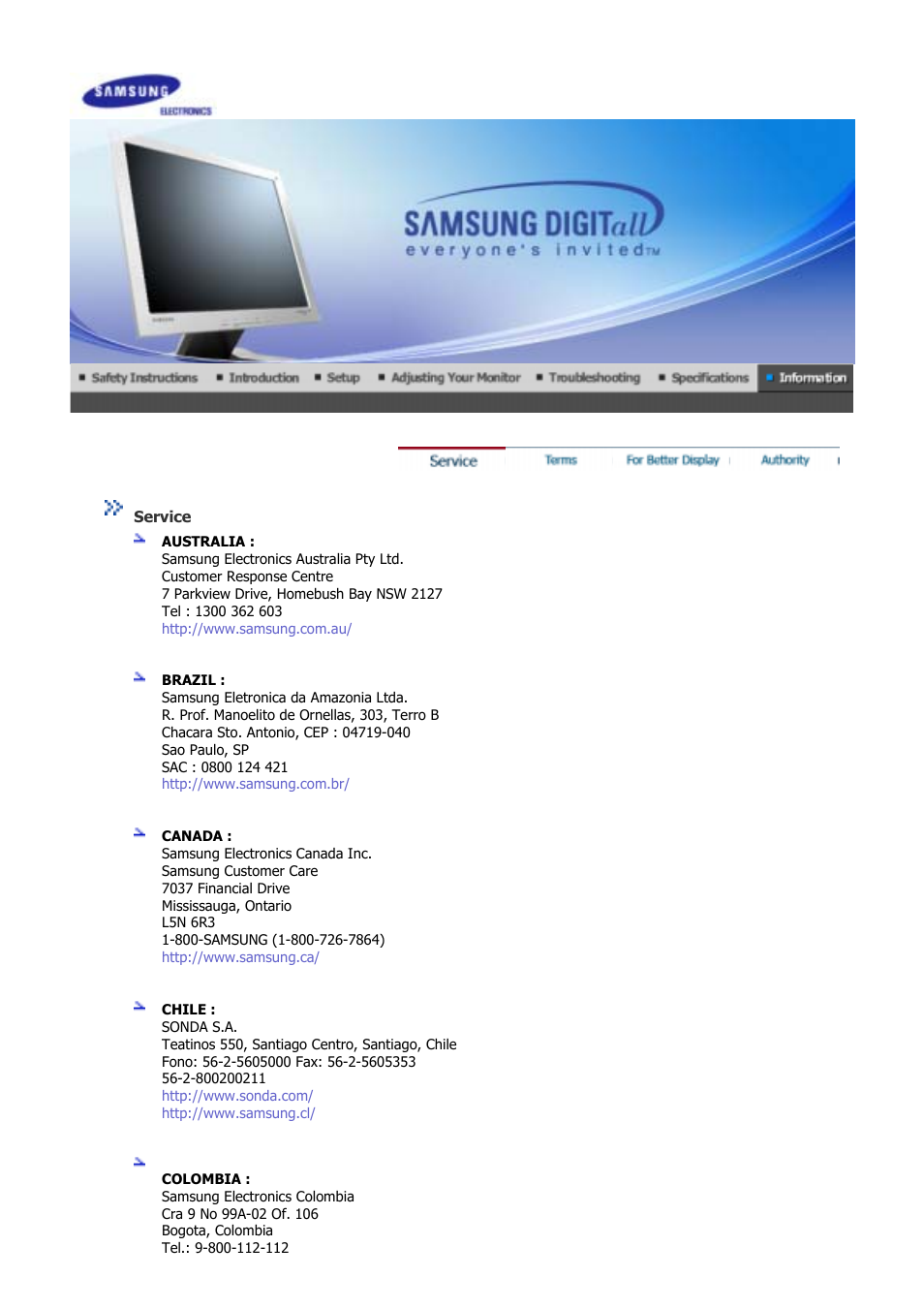 Information, Service | Samsung GS19VSSB User Manual | Page 59 / 64