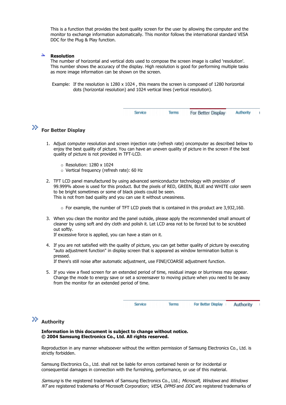 For better display, Authority | Samsung GS19VSSB User Manual | Page 63 / 64