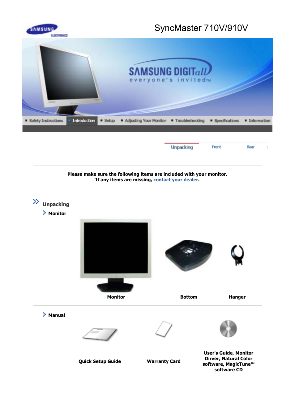 Introduction, Unpacking | Samsung GS19VSSB User Manual | Page 8 / 64