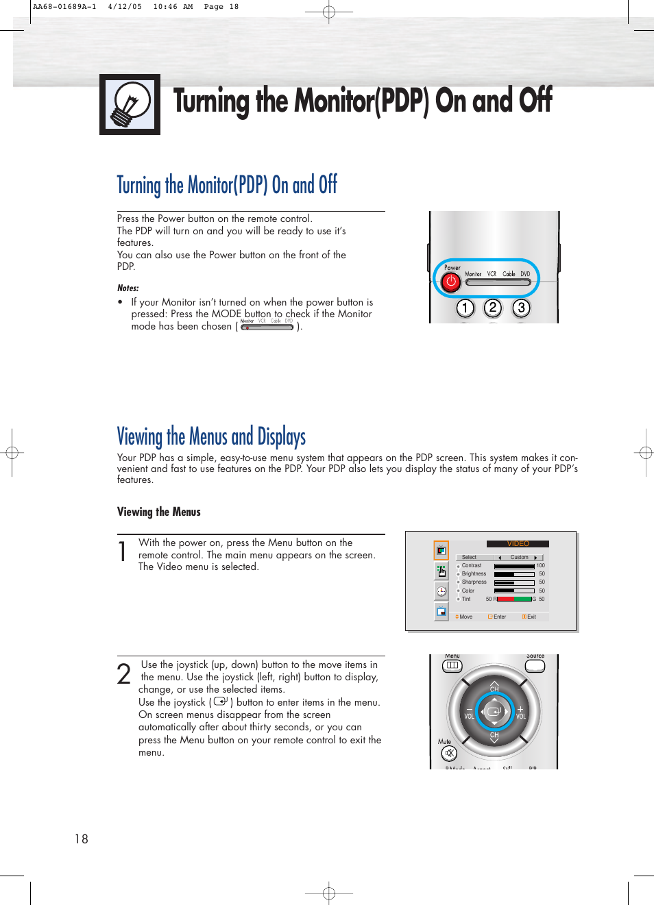 Turning the monitor(pdp) on and off, Viewing the menus and displays | Samsung SPK4215MX-XAC User Manual | Page 18 / 68