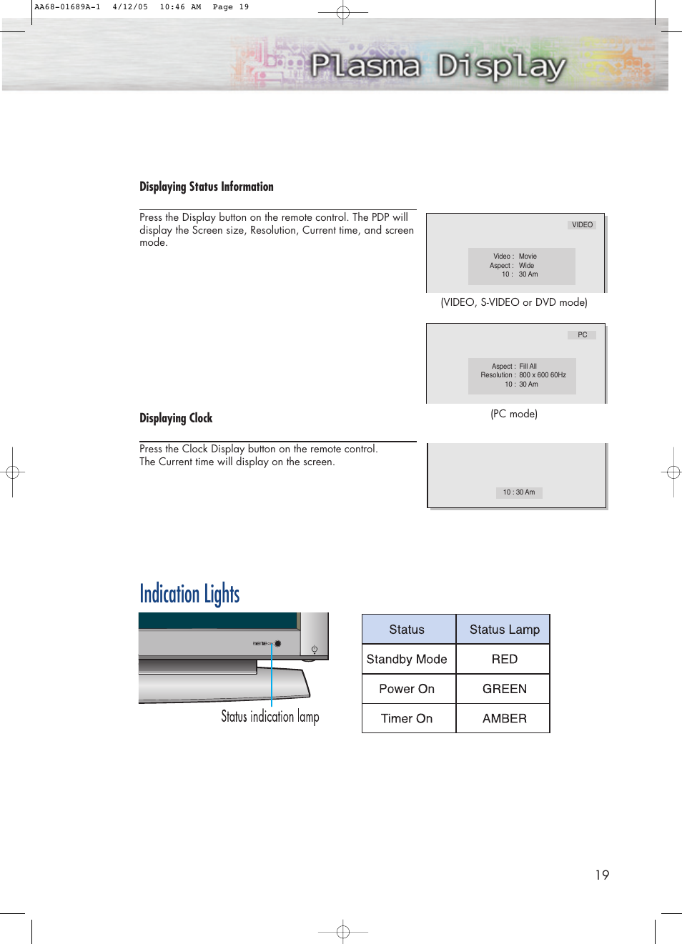 Indication lights, Displaying status information, Displaying clock | Samsung SPK4215MX-XAC User Manual | Page 19 / 68