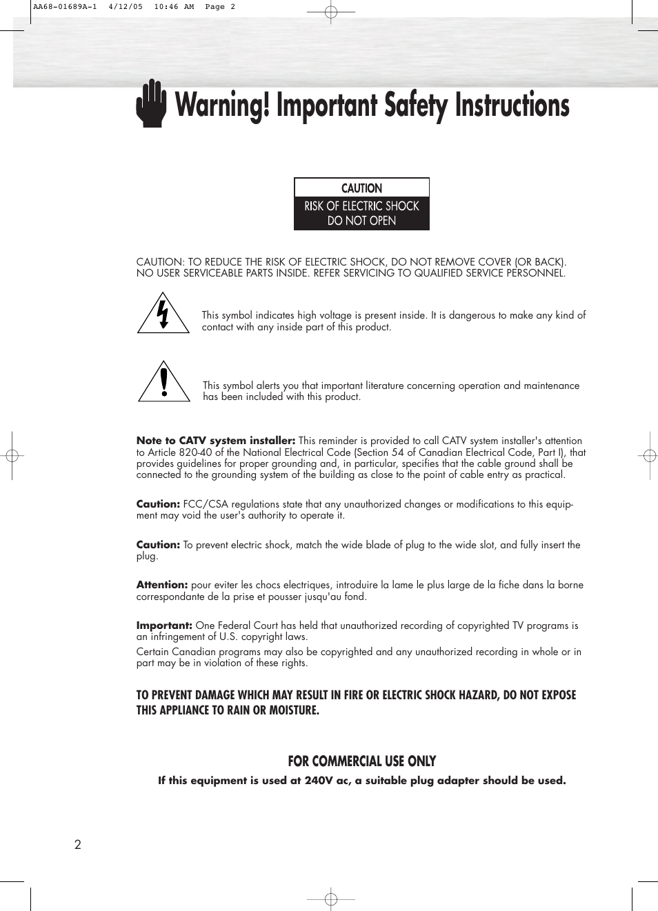Warning! important safety instructions | Samsung SPK4215MX-XAC User Manual | Page 2 / 68