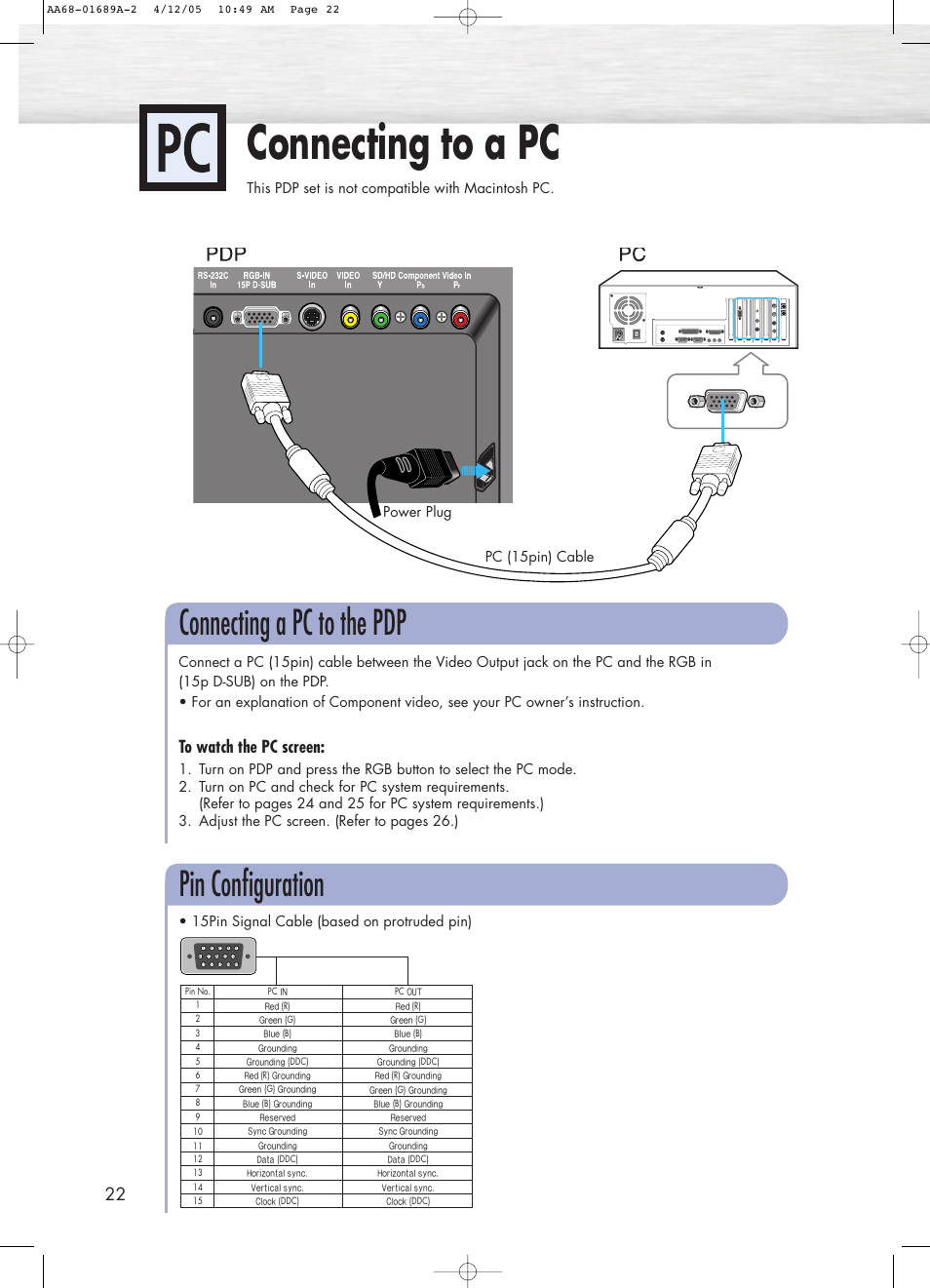 Connecting to a pc, Connecting a pc to the pdp, Pin configuration | This pdp set is not compatible with macintosh pc, Power plug | Samsung SPK4215MX-XAC User Manual | Page 22 / 68
