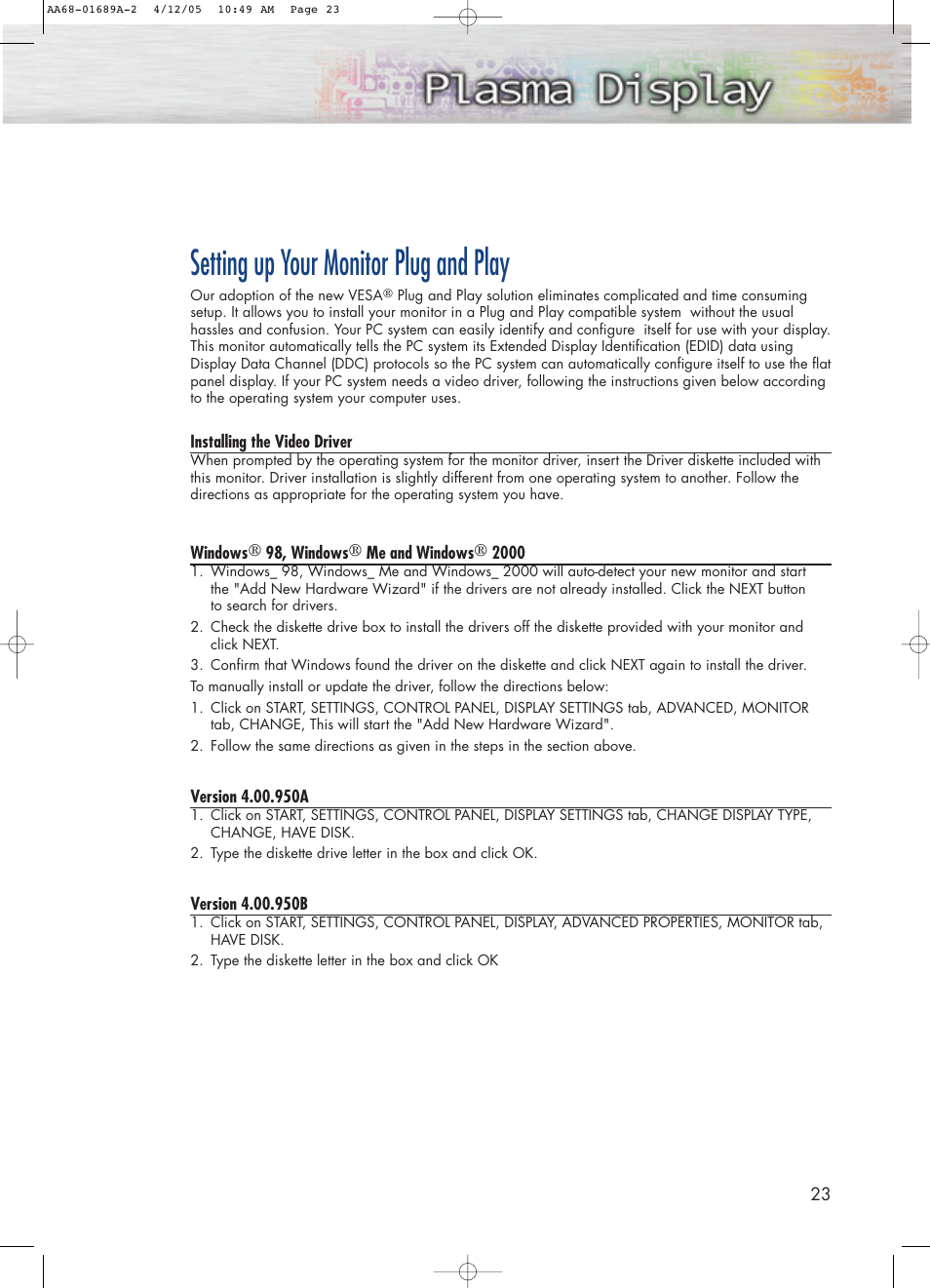 Setting up your monitor plug and play | Samsung SPK4215MX-XAC User Manual | Page 23 / 68