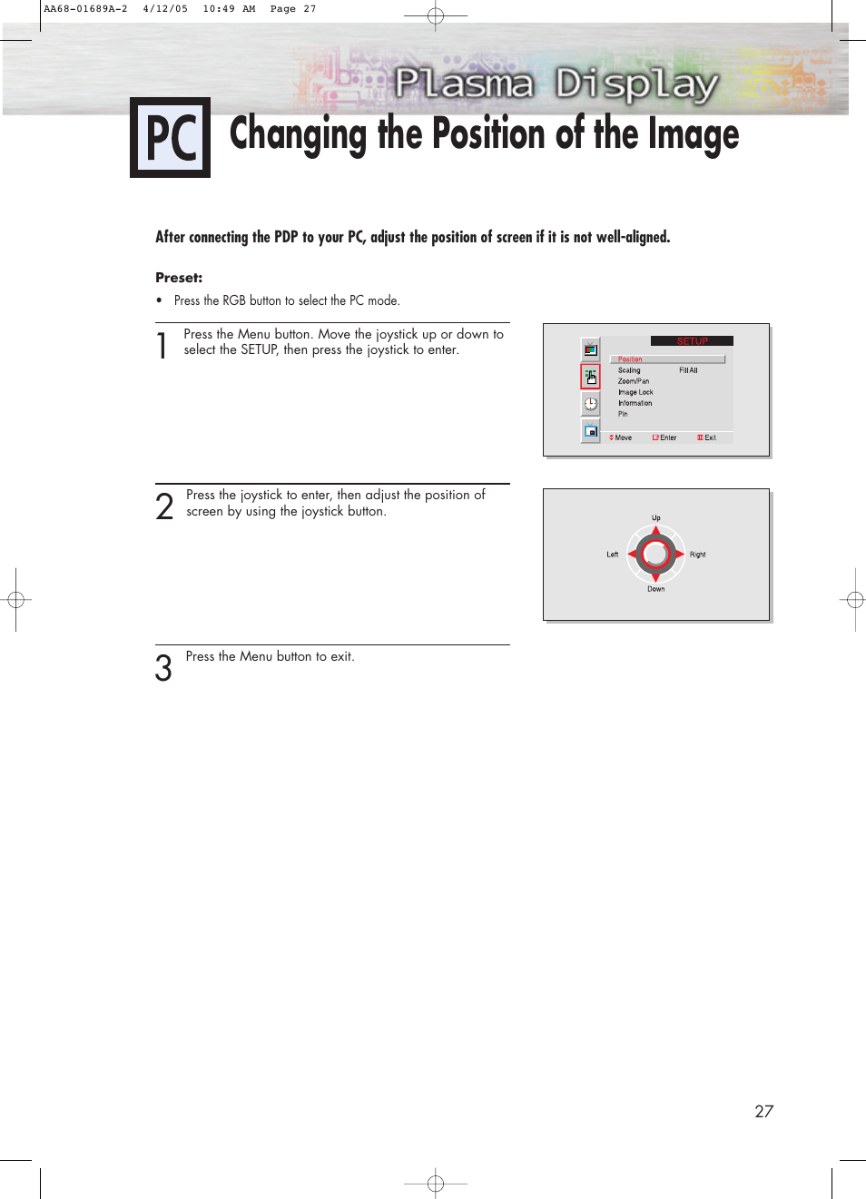 Changing the size of the image, Changing the position of the image | Samsung SPK4215MX-XAC User Manual | Page 27 / 68