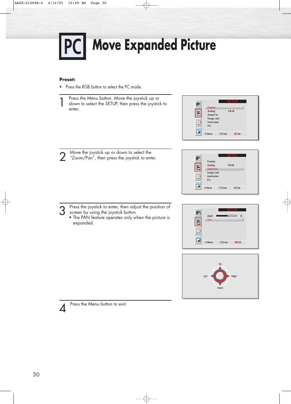 Picture quality adjustment, Move expanded picture | Samsung SPK4215MX-XAC User Manual | Page 30 / 68