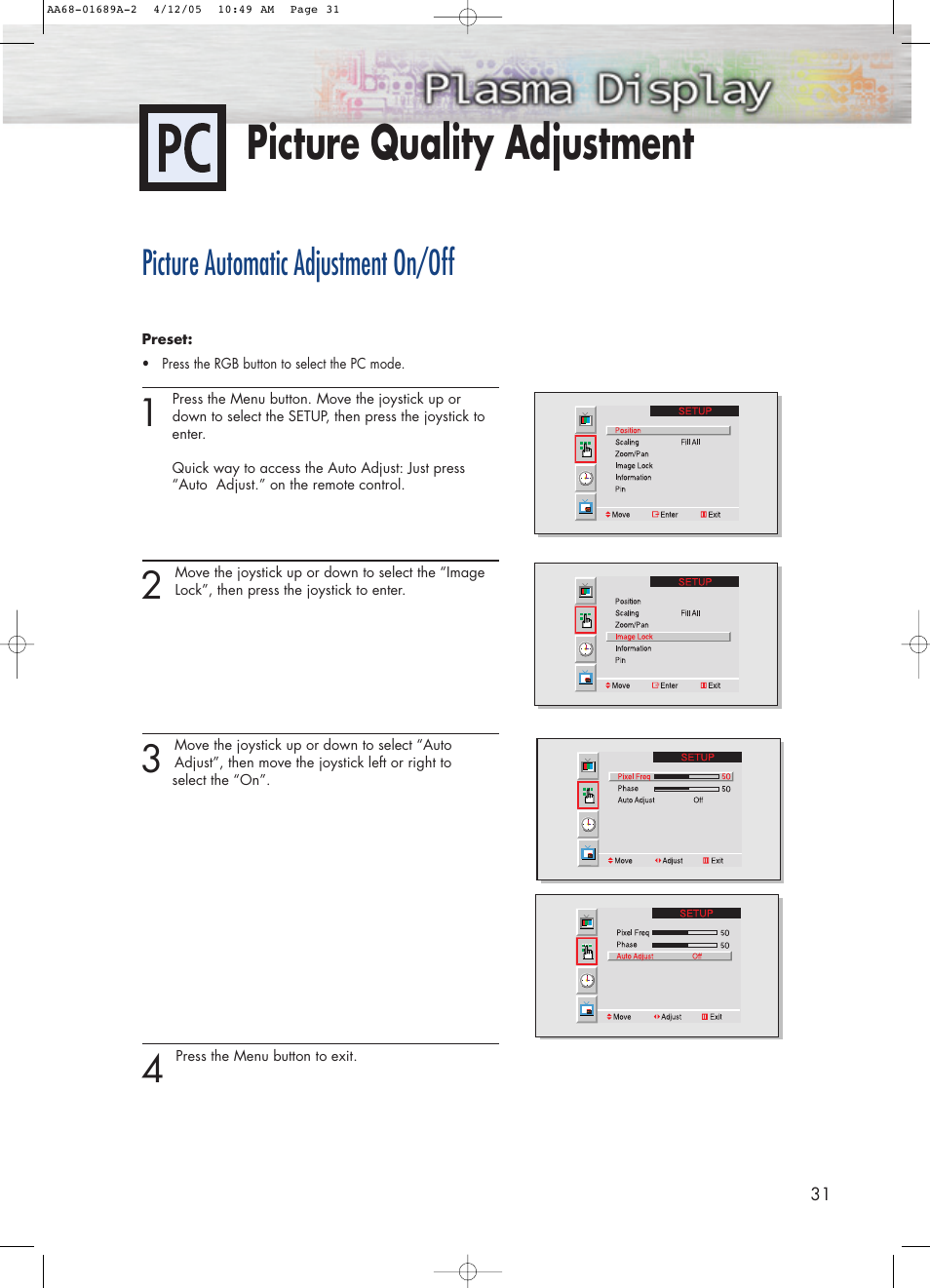 Picture quality adjustment, Picture automatic adjustment on/off | Samsung SPK4215MX-XAC User Manual | Page 31 / 68