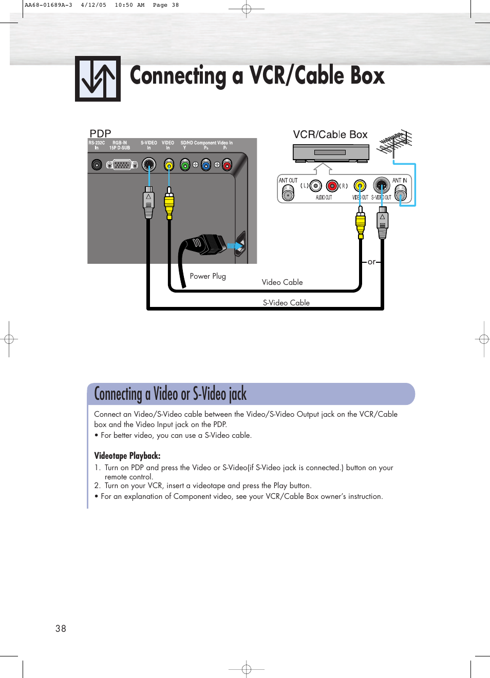 Connecting a dvd/set-top box, Connecting a vcr/cable box, Connecting a video or s-video jack | Samsung SPK4215MX-XAC User Manual | Page 38 / 68